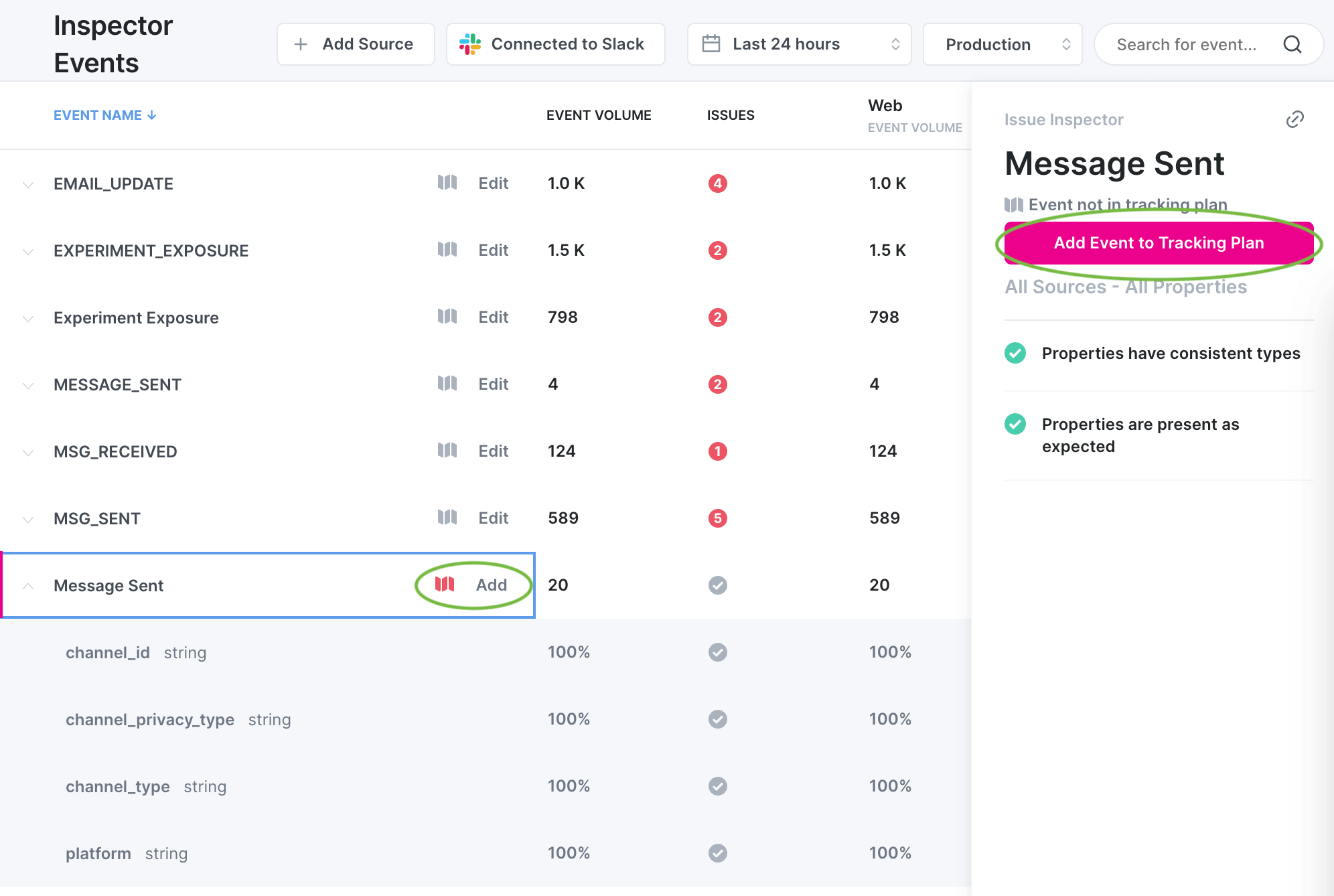 Image shows the Inspector events view with "Add" and "Add event to tracking plan" buttons highlighted.