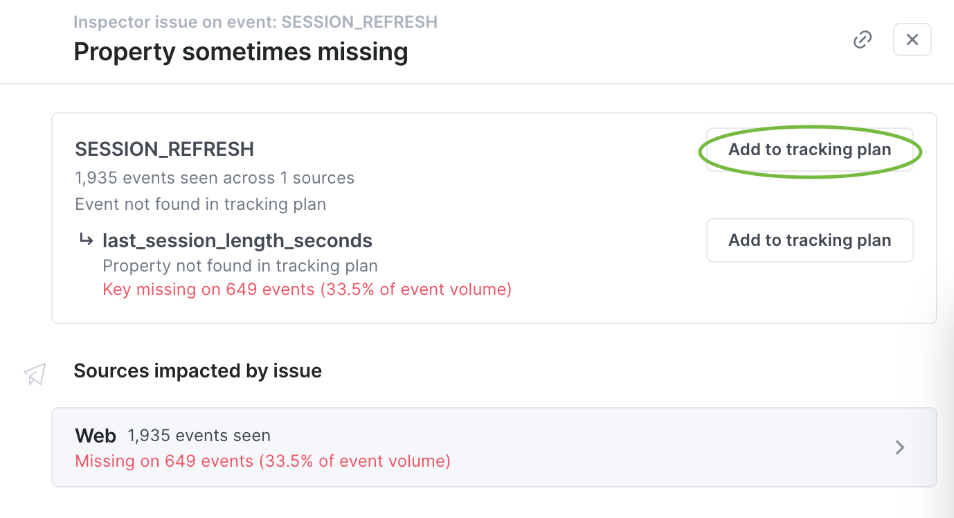 Image shows issue details with "Add to tracking plan" highlighted for the event.