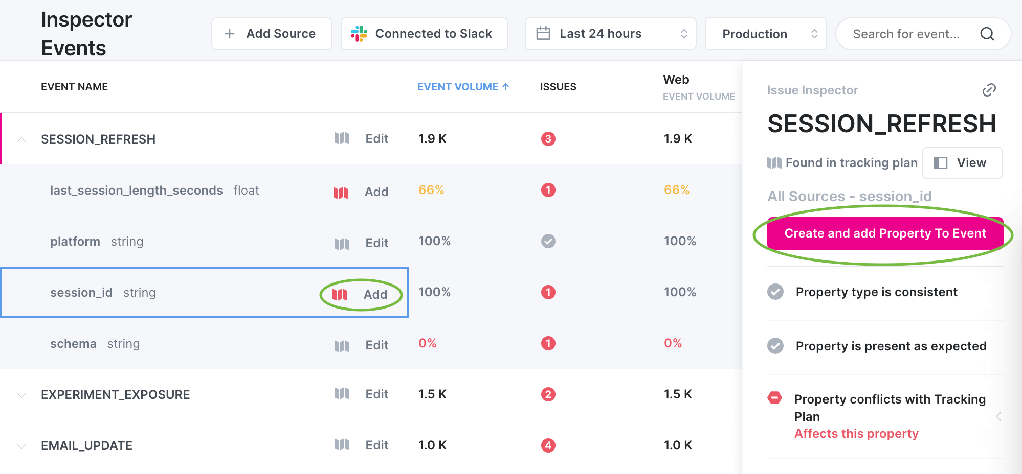 Image shows the Inspector events view with "Add" and "Create and add property to tracking plan" buttons highlighted.