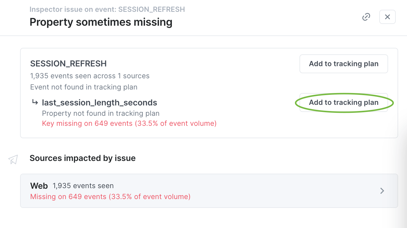 Image shows issue details with "Add to tracking plan" highlighted for the property.