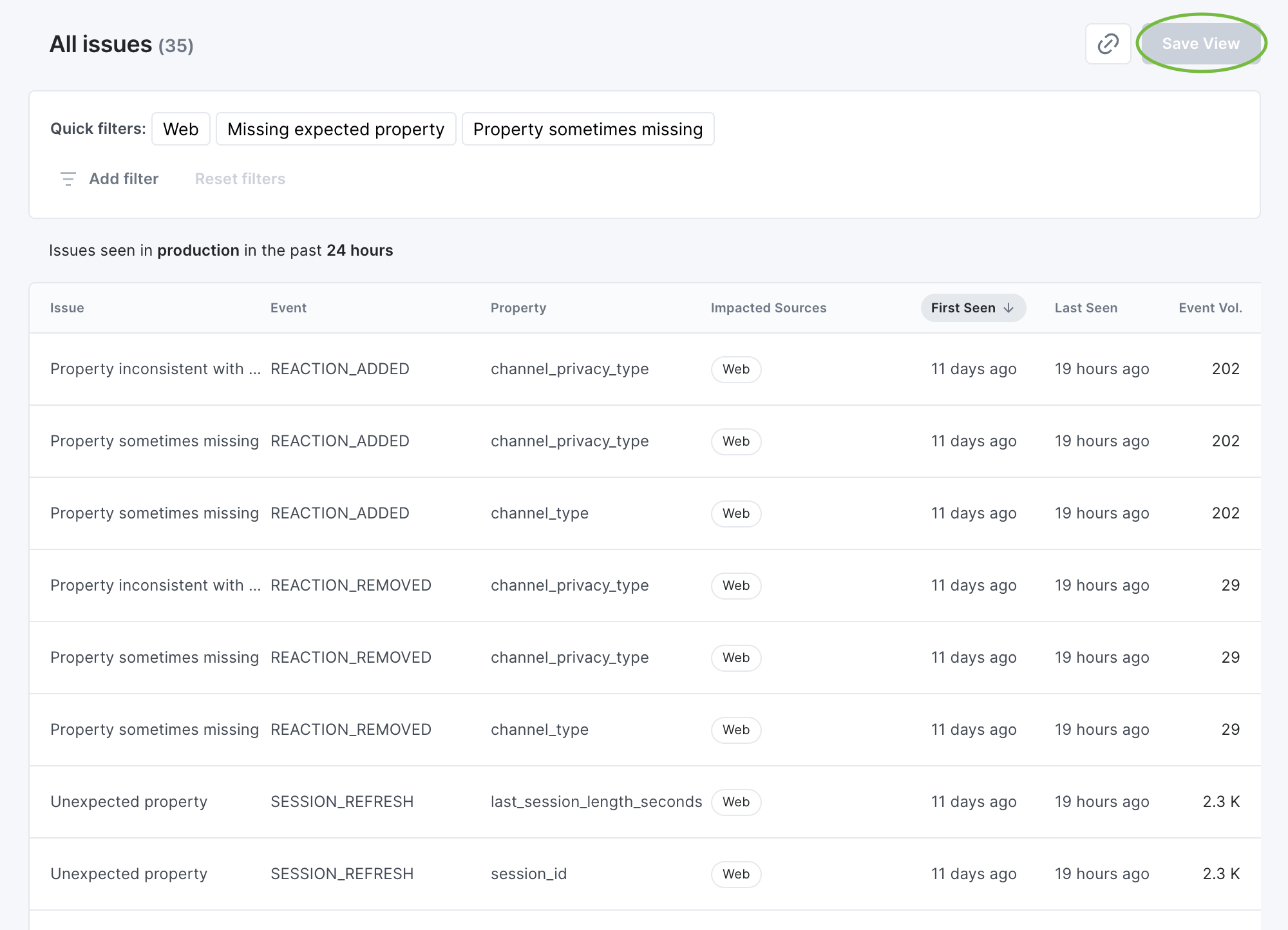Image shows the default all issues view ordered by issues last seen.