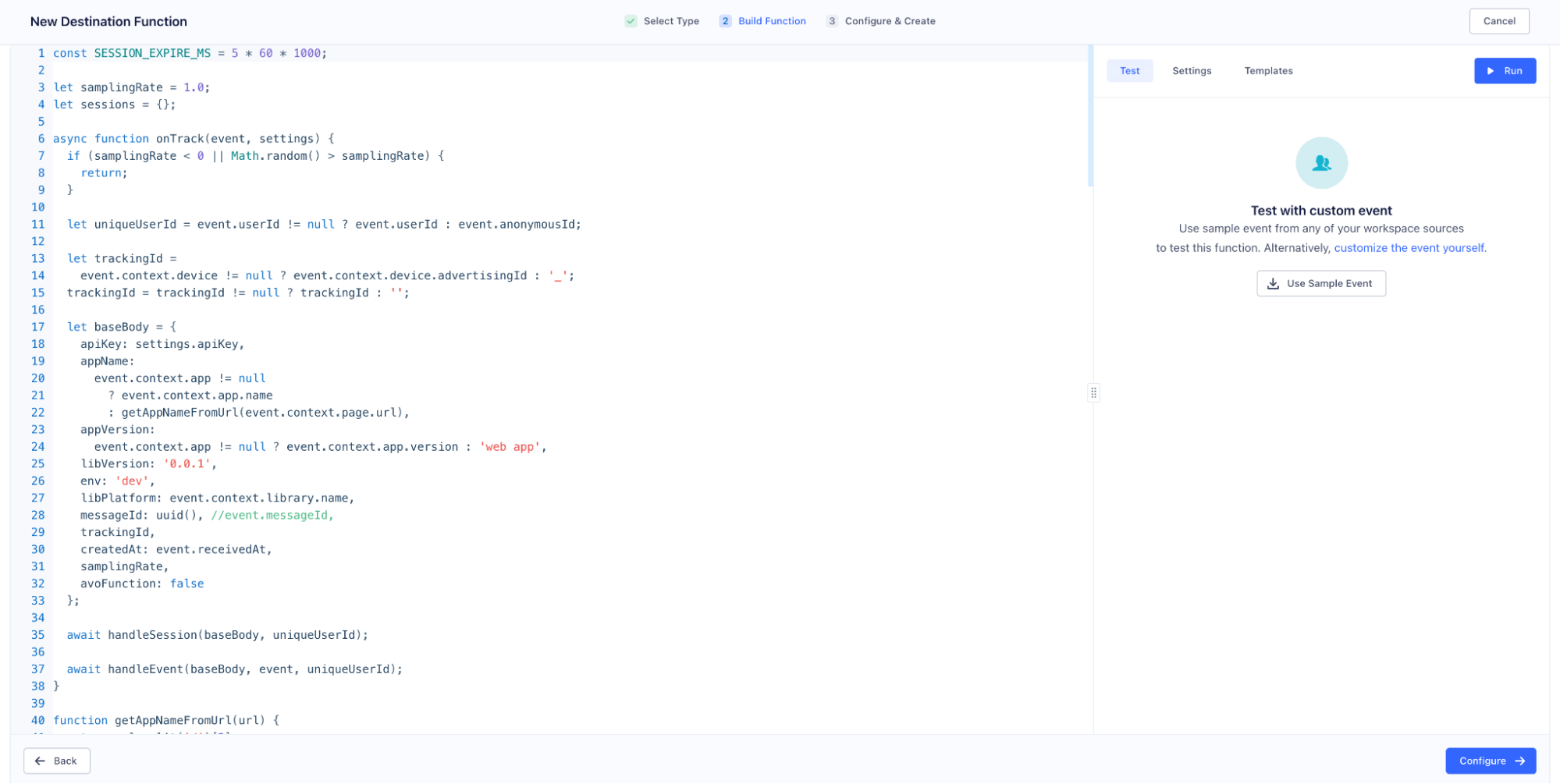Example of code snippet in the Segment UI
