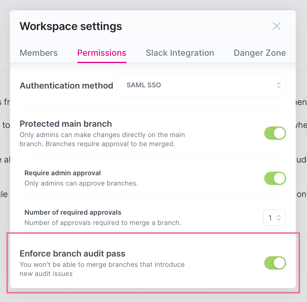 A picture showing the setting for enforcing branch audits to pass before merging being enabled.