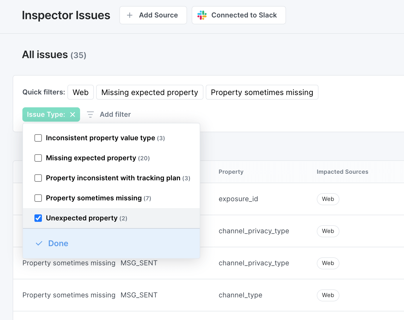 Image shows the Inspector issues view filters with Unexpected property filter selected.