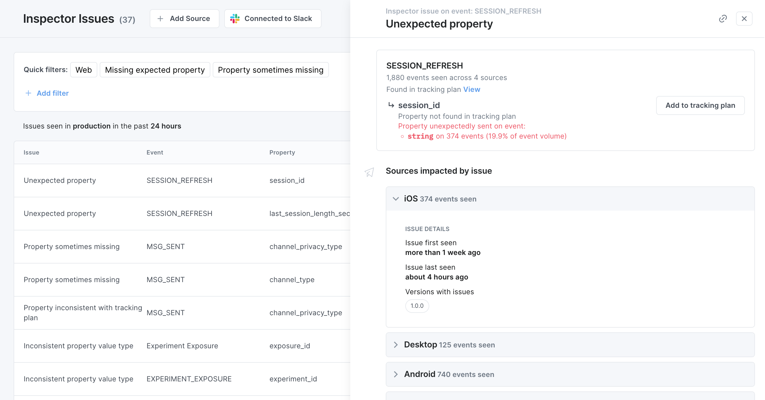 Image shows example issue details for an unexpected property.