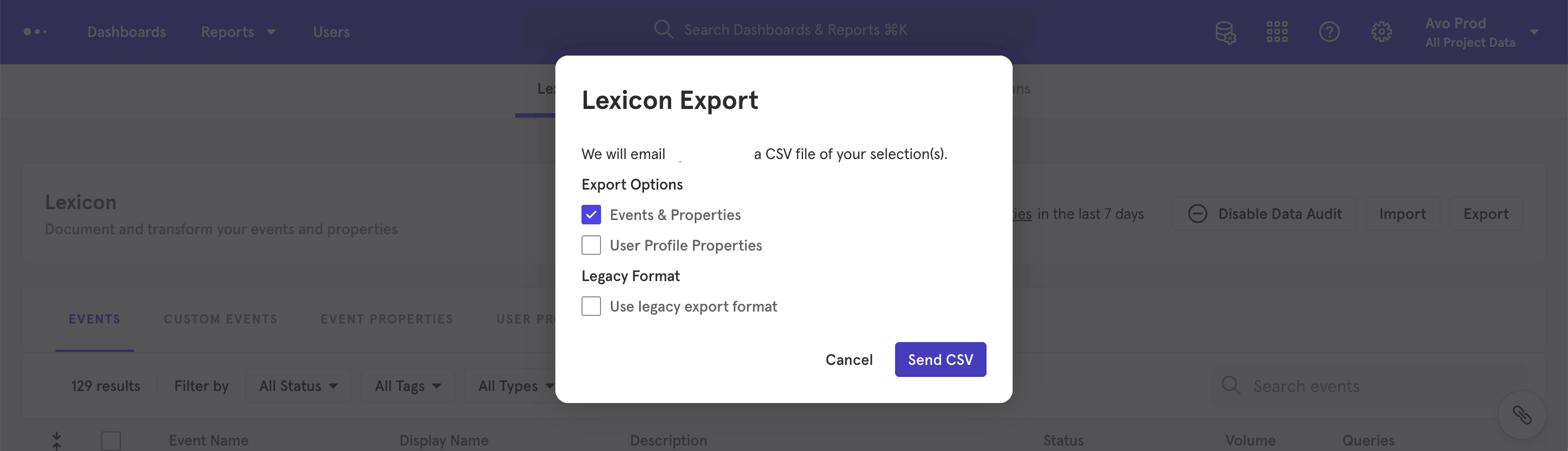 Screenshot of the download modal on Amplitude Govern
