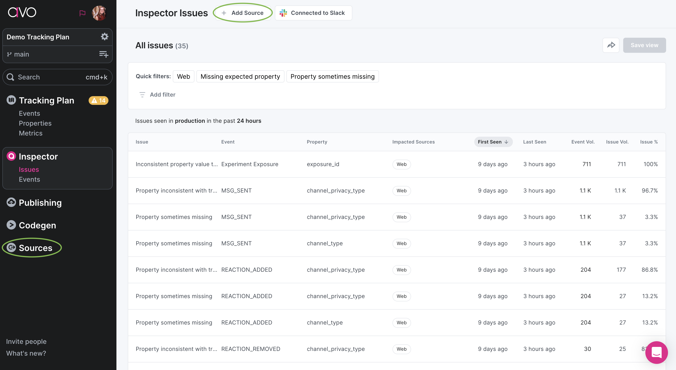 Navigation to Inspector sources screen in Avo