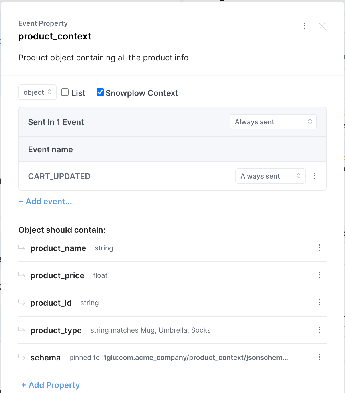 Example of a Snowplow context definition in Avo